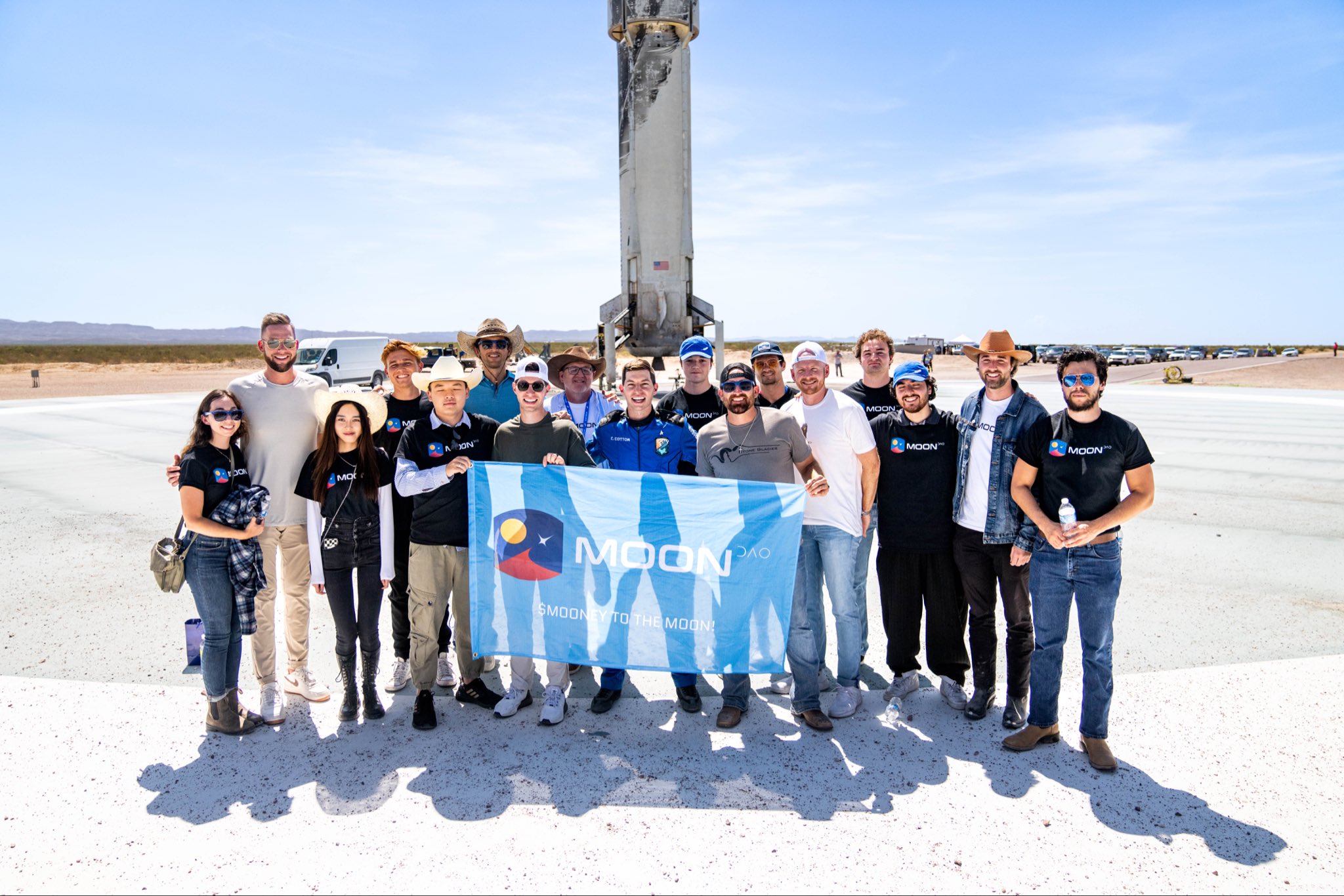 Coby Cotton with MoonDAO members and the Dude Perfect team after Blue Origin Flight NS-22 on August 4, 2022