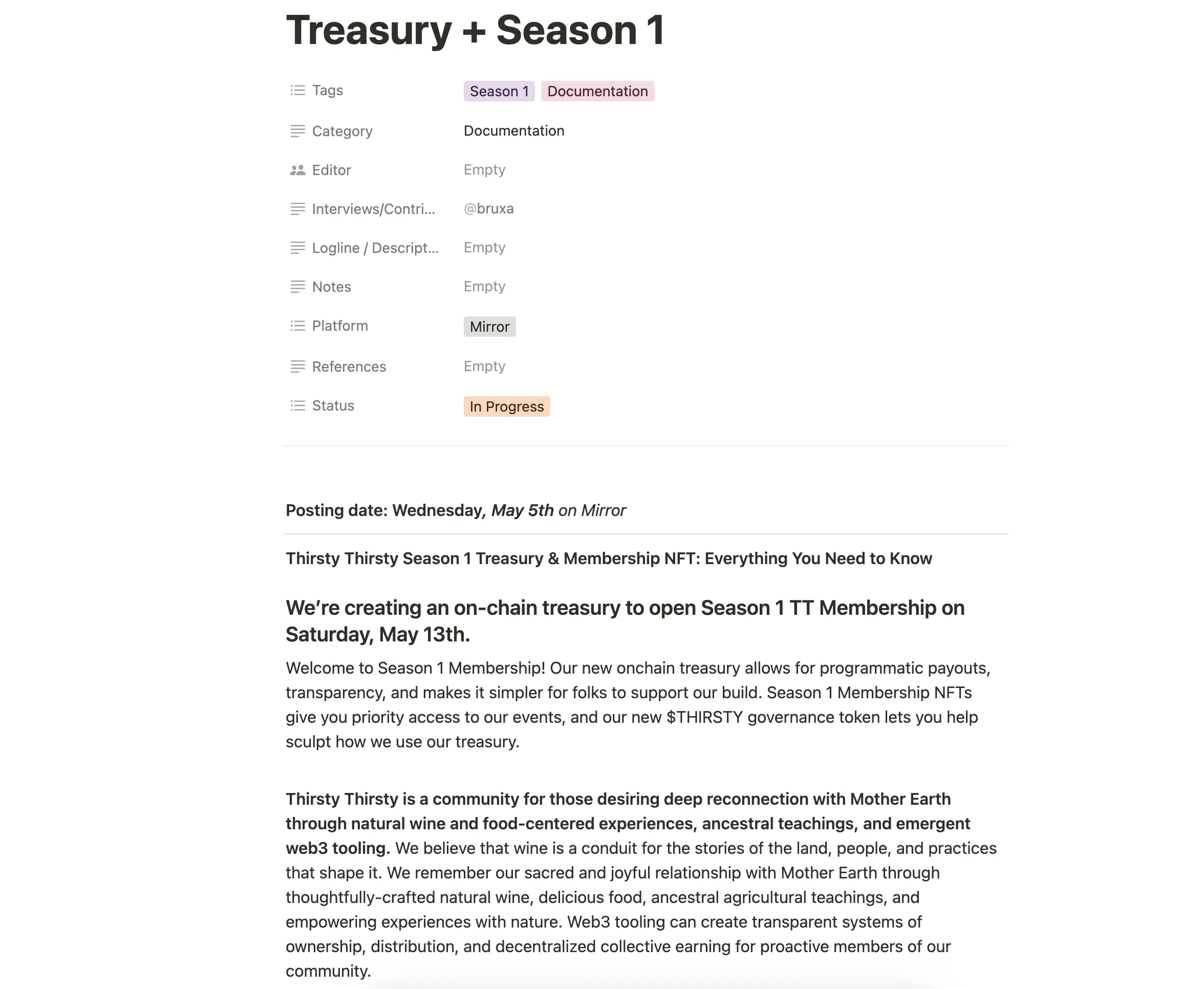 Thirsty Thirsty Season 1 treasury and NFT