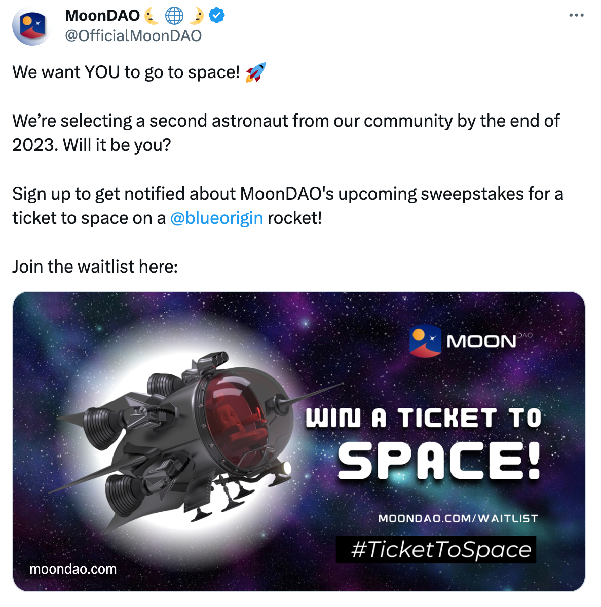 MoonDAO sweepstakes for a ticket to space