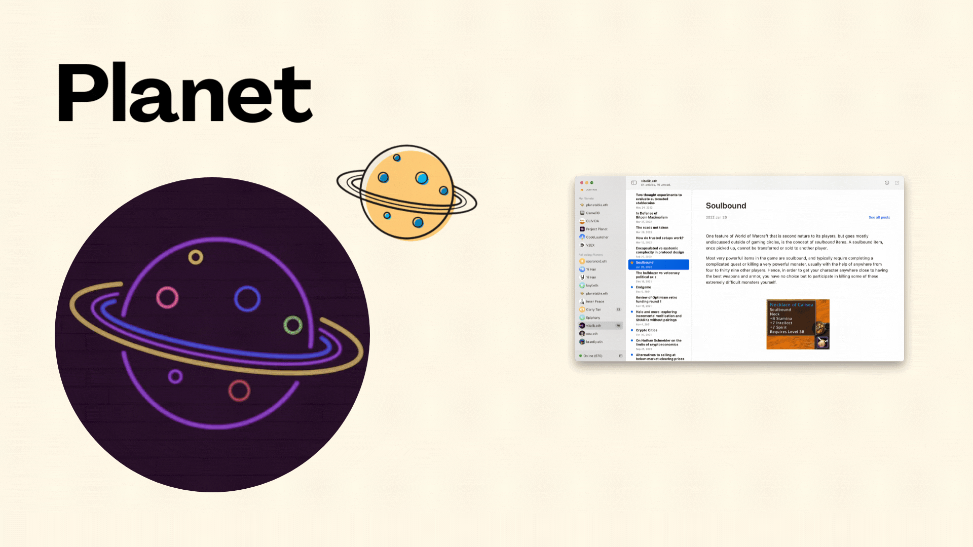 Planet logo and preview of blog post on mac OS app