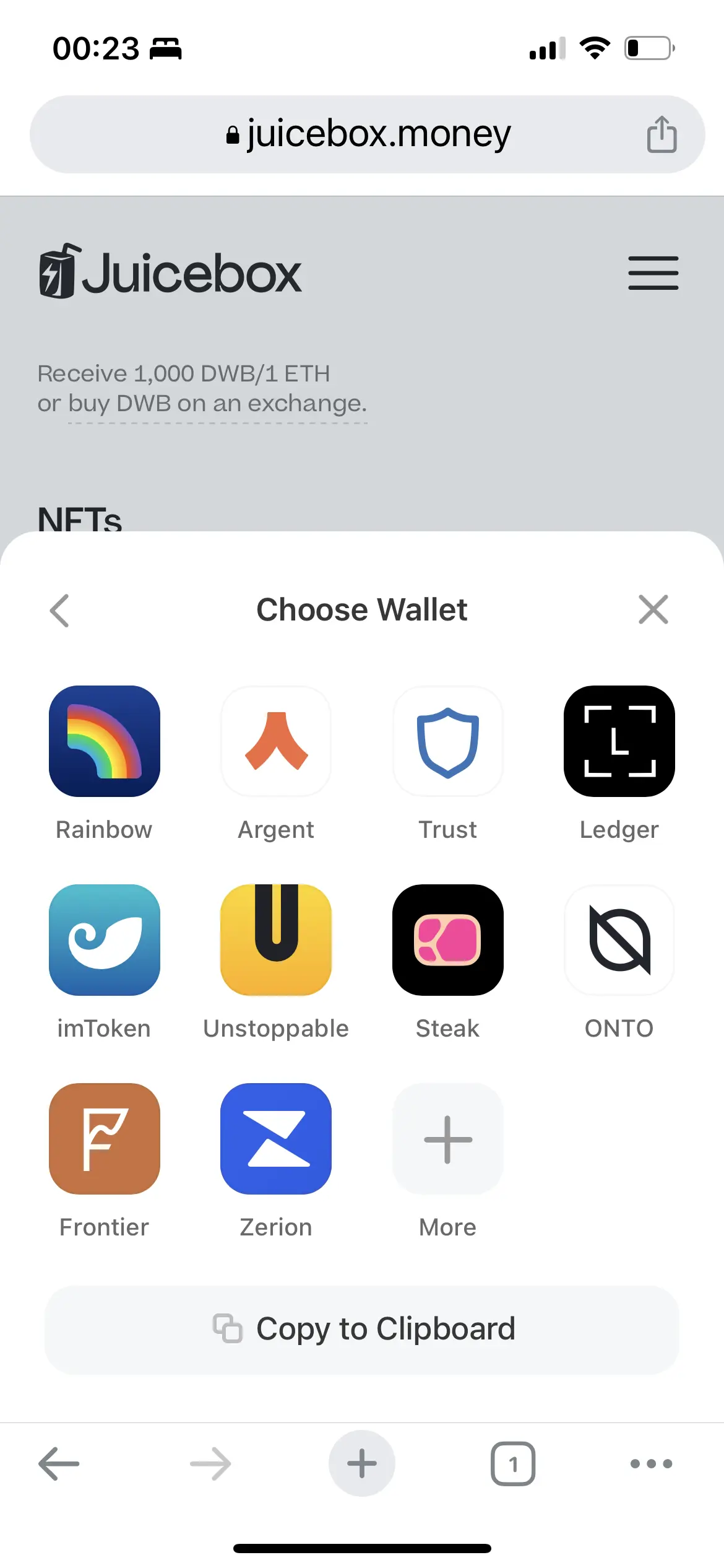 connect wallet interface on mobile