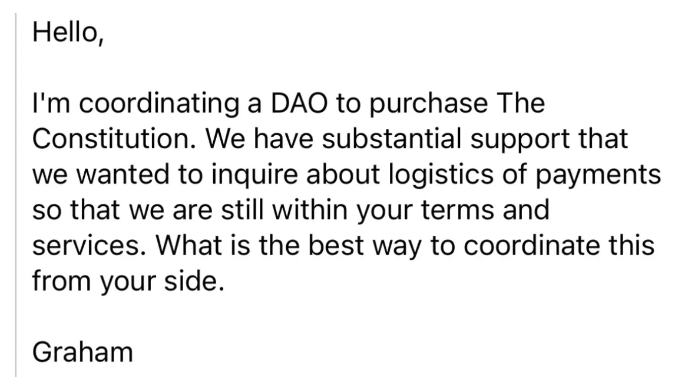 Screenshot of the first email sent to Sotheby&#39;s on behalf of the ConstitutionDAO campaign