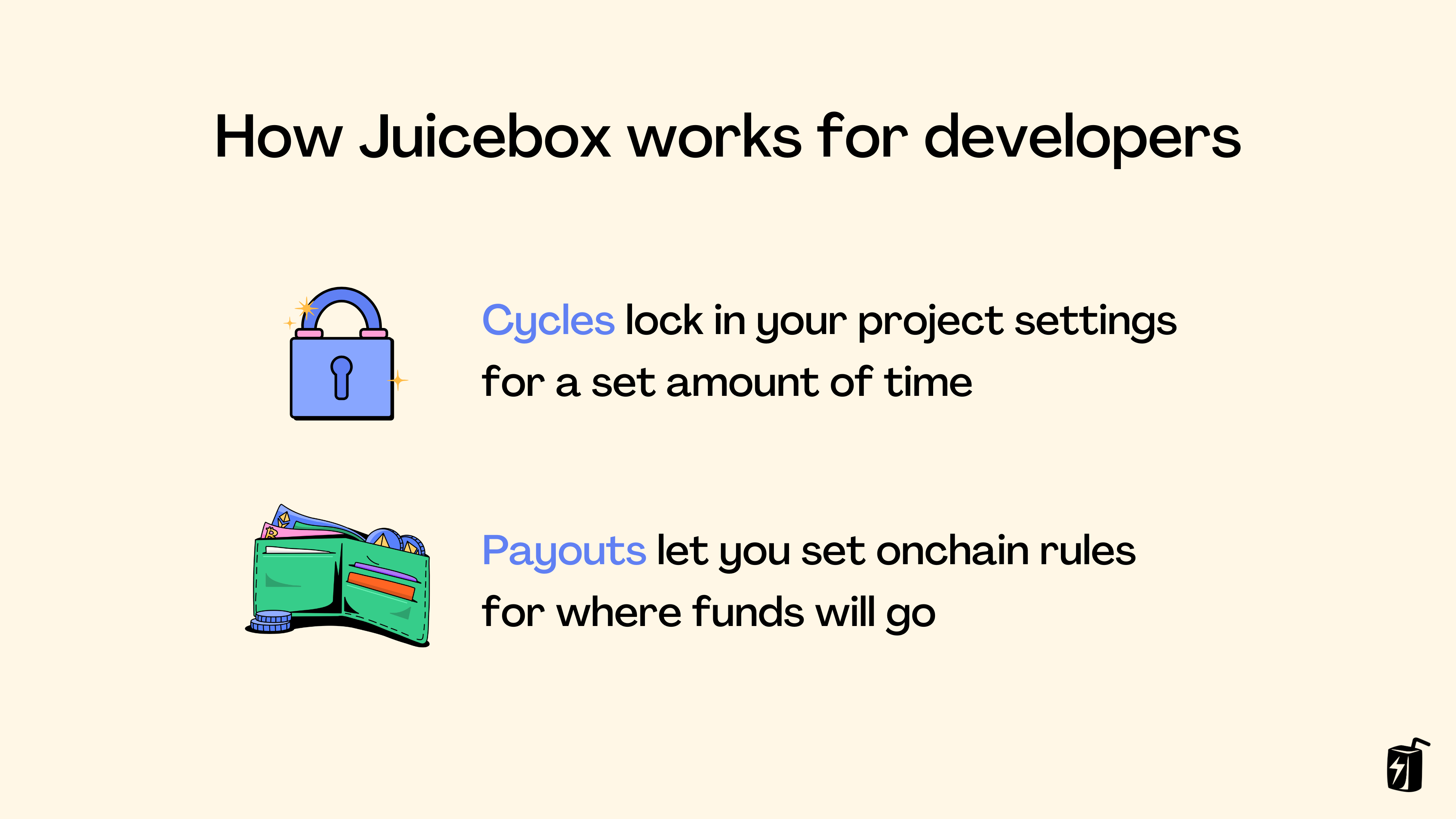 Remember, cycles lock in project settings and payouts let you set onchain rules for where funds will go